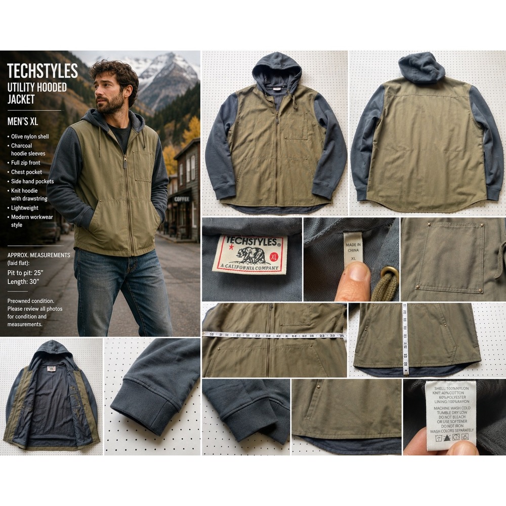 Techstyles XL Olive Utility Hooded Jacket Workwear Gorpcore Full Zip Mixed Media